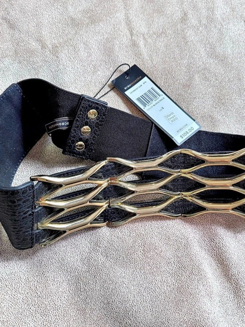 NWT BCBGMAXAZRIA Elastic Metal-Plate Waist Belt Black & Gold Small